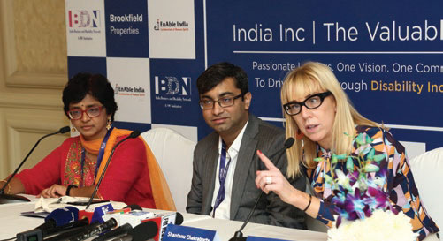 L-R: Ms Shanti Raghavan, Founder, EnAble India; Mr Shantanu Chakraborty, Senior Vice President, Brookfield Properties; Ms Caroline Casey, Founder, The Valuable 500; at a press conference on the occasion